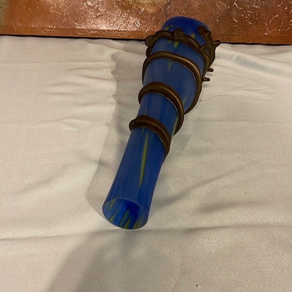 Handmade Blown Glass Vase Engraved with Metal Blue Green Vintage - Picture 5 of 6